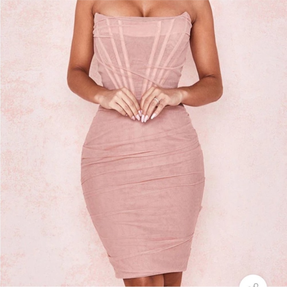 REVOLVE Pink Ruched Strapless Bodycon Dress
